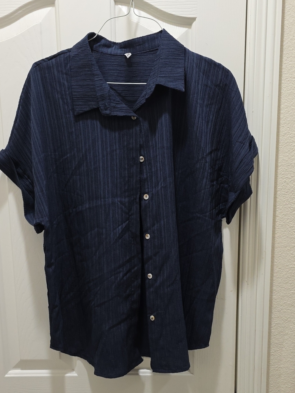 Women's Short-Sleeve Navy Button-Up Shirt